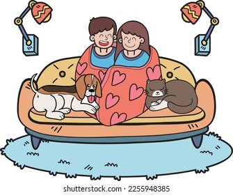 Hand Drawn owners are watching movies in blankets with dogs and cats illustration in doodle style isolated on background