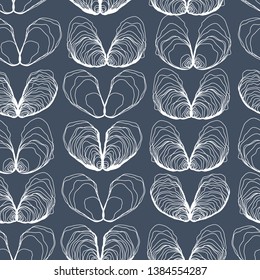 Hand Drawn Oyster Hearts Seamless Line Pattern on Blue. Oyster Love