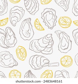 Hand drawn oyster and lemons seamless pattern