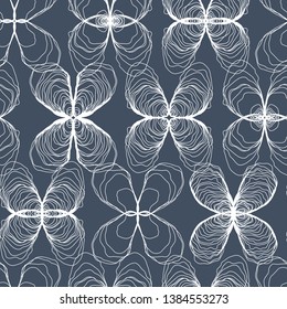 Hand Drawn Oyster Ornamental Seamless Line Pattern on Blue. Oyster Love