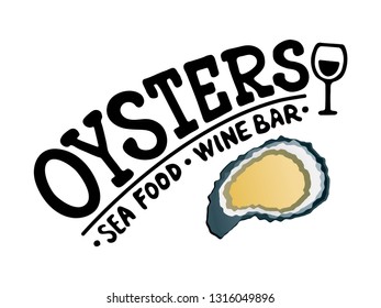 Hand drawn oysters bar sign, symbol or logo template. Vector illustration with lettering typography and shellfish graphic isolated on white background. Minimalistic logotype for seafood restaurant