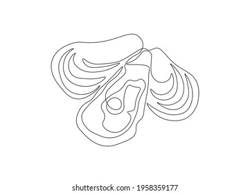 Hand drawn oysters in one line art style. Seafood restaurant icon, continuous line drawing of fresh oysters. Vector illustration