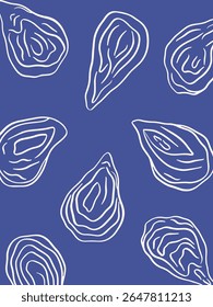 Cartaz desenhado à mão de ostras. Esboço de ostras de frutos do mar. Vida do mar sobre fundo azul. Desenho de arte subaquático. Estilo mediterrânico. Ilustração de vetor de molusco para bar, menu, mercado