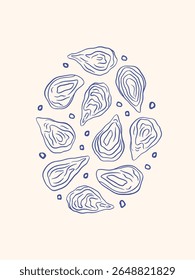 Cartaz desenhado à mão de ostras. Esboço de ostras de frutos do mar. Desenho de arte subaquático. A Dolce é a história da vida. Estilo mediterrânico. Ilustração de vetor de molusco para bar, menu, mercado