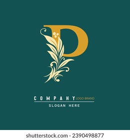 letras P dibujadas a mano Logo, letra P diseño del logo en forma de hoja, letra P- adorno floral lujoso alfabeto. Diseño de plantillas de letras vectoriales para marca, boutique de logotipos, hotel, restaurante. negocio, P