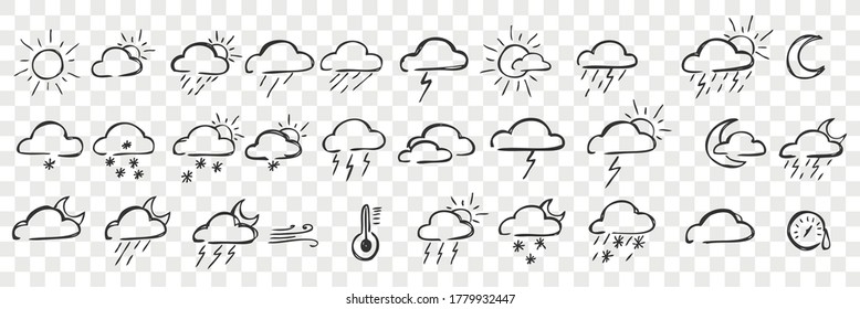 Hand drawn pacific doodle set. Collection of pen ink pencil drawing sketches of clouds sun snowfall and rain or thunder lightning isolated on transparent background. Illustration of nature phenomenon