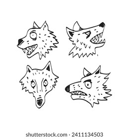 Hand drawn pack of clumsy kids style illustration wolf head