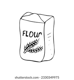 Paquete de harina dibujado a mano. Ilustración vectorial aislada sobre fondo blanco. Ilustración alimentaria.