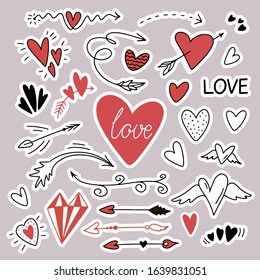 Hand drawn pack of love doodle hearts, words, arrows stickers isolated vector illustration. Valentines day romance decoration elements. Best for wedding, invitation, greeting , weekly planner sticker
