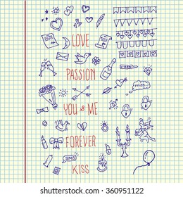 Hand drawn pack Valentine Day in copy book. Vector illustration