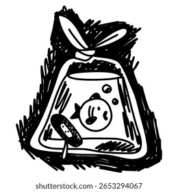 Pacote desenhado à mão com um peixe. Ilustração de contorno preto e branco com traços, grunge. Esboço de um pacote cheio de água com um peixe dourado. Peixes na água, aquário sobre um fundo branco