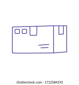 Dibujo manual de un icono de vector lineal del paquete. 
Ilustración de Doodle con un contorno azul. Aislado sobre fondo blanco