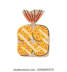Hand drawn packaged buns color element. Cartoon Ultra processed food (upf). Isolated vector illustration.