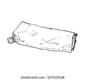 Hand drawn packing for ketchup or sauce isolated on white background. Sketch vector illustration spout pouch with cap for ketchup or sauce.