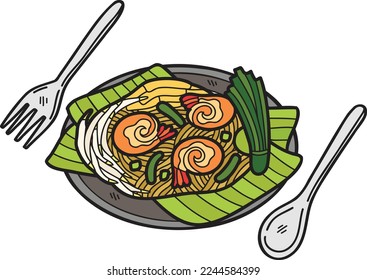 Hand Drawn Pad Thai or Thai food illustration isolated on background
