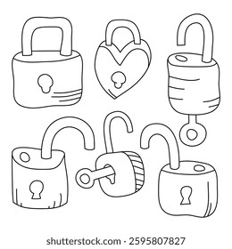 Hand drawn padlock icon set sketch. Lock and unlock padlock with doodles