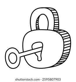 Hand drawn padlock and key in doodle style
