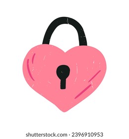 Handgezeichnetes Schloss in Herzform, flache Vektorgrafik einzeln auf weißem Hintergrund. Cute Valentinstag Zeichnung mit Grunge-Textur. Konzept der Liebe.