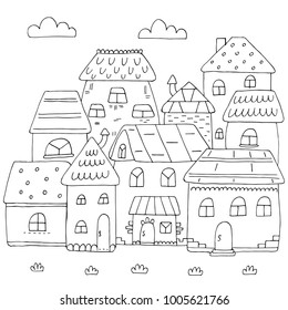Hand drawn page for coloring book with a lot of houses. A small cute city in doodle stile. Black and white.
