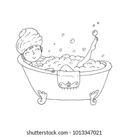 Página dibujada a mano para colorear libro con una joven hermosa mujer tomando baño...