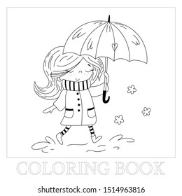 Hand drawn page for coloring book with cute little girl vector illustration. Cute little girl in coat and stripy scarf hiding under umbrella during during the rain weather.