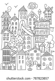 Hand drawn page for coloring book with a lot of houses. A small cute city in doodle stile. Black and white.