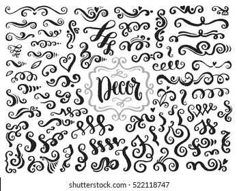 Hand drawn page decorations collection. Black vector illustration with curves on white background.