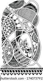 Hand drawn page in zendoodle style for adult coloring book. Abstract marine and floral motifs with mandata, seashells and seaweeds. Elements for design, prints, invitation cards.