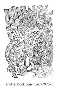 Hand drawn page in zendoodle style for adult coloring book. Abstract marine and floral motifs with coral fishes, seashells and seaweeds. Elements for design, prints, invitation cards.