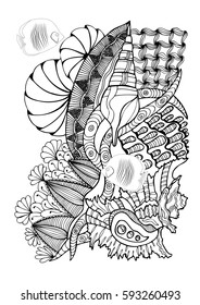 Hand drawn page in zendoodle style for adult coloring book. Abstract marine and floral motifs with coral fishes, seashells and seaweeds. Elements for design, prints, invitation cards.