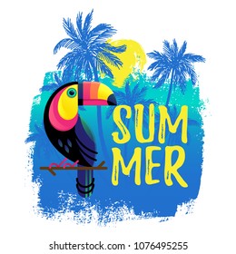 Hand drawn paint background with palm trees and a toucan. Summer text. Tropical nature bright design elements.