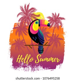 Hand drawn paint background with palm trees and a toucan. Hello Summer text. Tropical nature bright design elements.