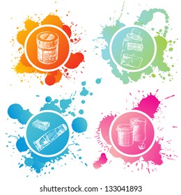 Hand drawn paint banks and tubes over splashing background