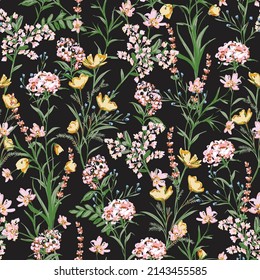 Hand drawn paint brused Wild flower ,Meadow floral Seamless pattern Vector illustration artistic style ,Design for fashion , fabric, textile, wallpaper, wrapping and all prints on black