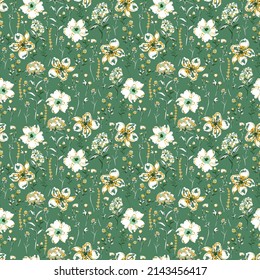Hand drawn paint brused Wild flower ,Meadow floral Seamless pattern Vector illustration artistic style ,Design for fashion , fabric, textile, wallpaper, wrapping and all prints on green