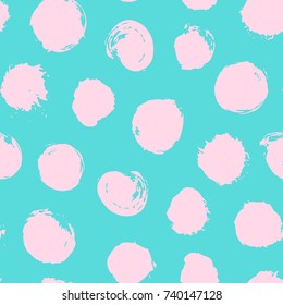 Hand drawn paint brush art texture of pink on blue round blobs and drops seamless background