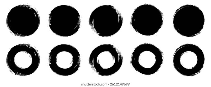 Hand drawn paint brush circle logo frame.  Grunge texture. Hand drawn grunge round shape. Watercolor stroke circles. Line vector. Stock image. EPS 10.