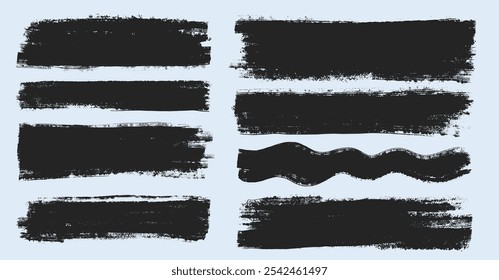 Dibujado a mano trazos de pincel, líneas gruesas de grunge en negrita, Formas rectangulares. Pincel seco incompleto sobre lienzo líneas Horizontales audaces. Vector de pinceladas de tinta, Anuncios. Subrayado del marcador negro de Grunge