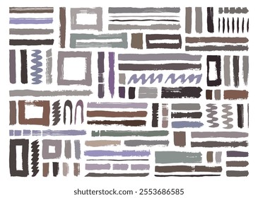 Hand drawn paint brush strokes element bundle. Abstract artistic shapes backdrop. Rectangle, zigzag, curve, and straight line shapes collection.