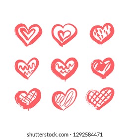 Hand drawn paint card. Pink and white hearts background. Abstract brush drawing. Grunge Vector art illustration