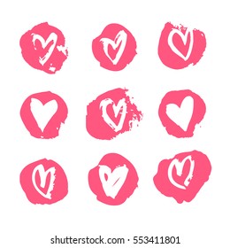 Hand drawn paint card. Pink and white hearts background. Abstract brush drawing. Grunge Vector art illustration