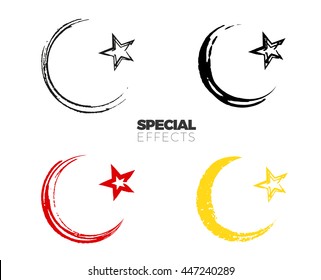 Hand drawn paint islamic symbol, simple Muslim sign, vector sketch of star and crescent template