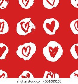Hand drawn paint seamless pattern. Red and white hearts background. Abstract brush drawing. Grunge Vector art illustration