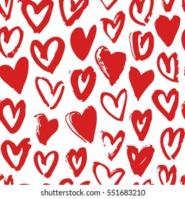 Hand drawn paint seamless pattern. Red and white hearts background. Abstract brush drawing. Grunge Vector art illustration