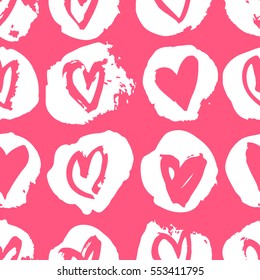 Hand drawn paint seamless pattern. Pink and white hearts background. Abstract brush drawing. Grunge Vector art illustration