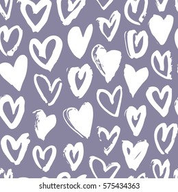 Hand drawn paint seamless pattern. Violet and white hearts background. Abstract brush drawing. Grunge Vector art illustration