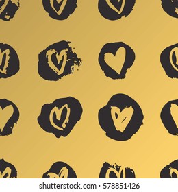 Hand drawn paint seamless pattern. Black and gold hearts background. Abstract brush drawing. Grunge Vector art illustration