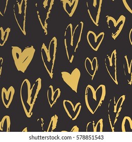 Hand drawn paint seamless pattern. Black and gold hearts background. Abstract brush drawing. Grunge Vector art illustration
