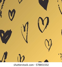 Hand drawn paint seamless pattern. Black and gold hearts background. Abstract brush drawing. Grunge Vector art illustration