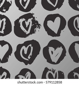 Hand drawn paint seamless pattern. Black and metal hearts background. Abstract brush drawing. Grunge Vector art illustration